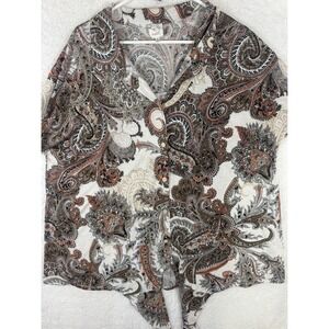 Naif 1X Paisley Print Button Front Tie Bottom Short Sleeve Blouse Top